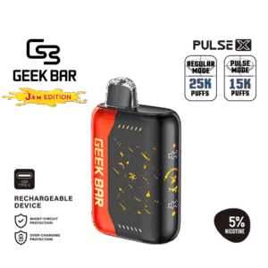 Rich peach jam sweetness with smooth clean finish — 진한 복숭아 잼 단맛과 부드러운 베이핑을 느낄 수 있는 Geek Bar Pulse X Peach Jam 5% 디바이스.