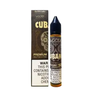 Deep earthy tobacco inhale wrapped in creamy sweetness — 담배 본연의 묵직함과 크리미한 그래픽이 표현된 VGOD Cubano SaltNic 디자인.