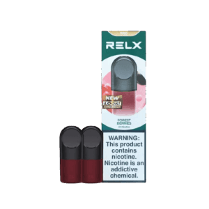 “Cool blackcurrant pod with deep berry aroma — 차분한 포레스트 톤과 베리 컬러가 어우러진 RELX Forest Gem 박스.