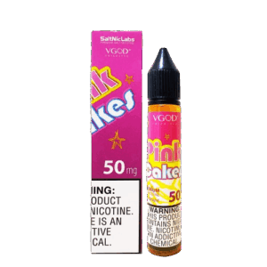 Sweet and creamy pink cake inhale with smooth dessert aroma — 케이크 단맛과 바닐라 크림 느낌을 표현한 VGOD Pink Cakes SaltNic Juice 라벨 이미지.