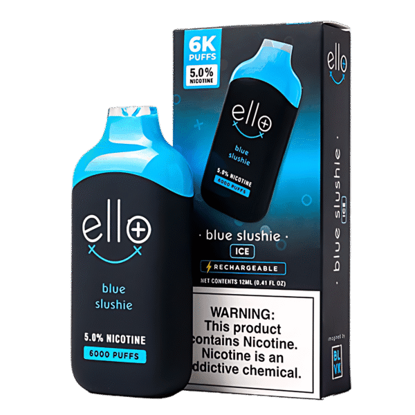 Icy blue slushie candy flavor with frozen finish — 차가운 블루 슬러시 단맛과 강한 쿨링을 느낄 수 있는 BLVK Ello Plus Blue Slushie 5% 디바이스.
