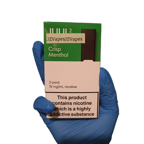 “Pure refreshing menthol hit with clean mint aroma — 차갑고 깨끗한 아이스 느낌을 담은 JUUL 2 Crisp Menthol 2팩 이미지.