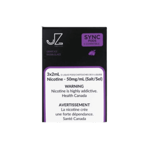 Sweet icy grape flavor with crisp cool finish — 보라·화이트 포도톤과 아이스 포인트가 조화된 JZ Premium STLTH Pods Grape Ice 패키지 이미지.