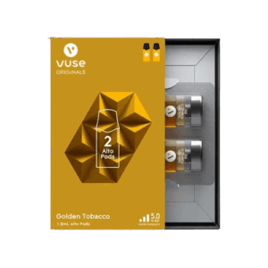 Soft warm tobacco mood 밝은 골든 톤으로 표현된 Vuse Alto Golden Tobacco 포드 패키지 이미지.